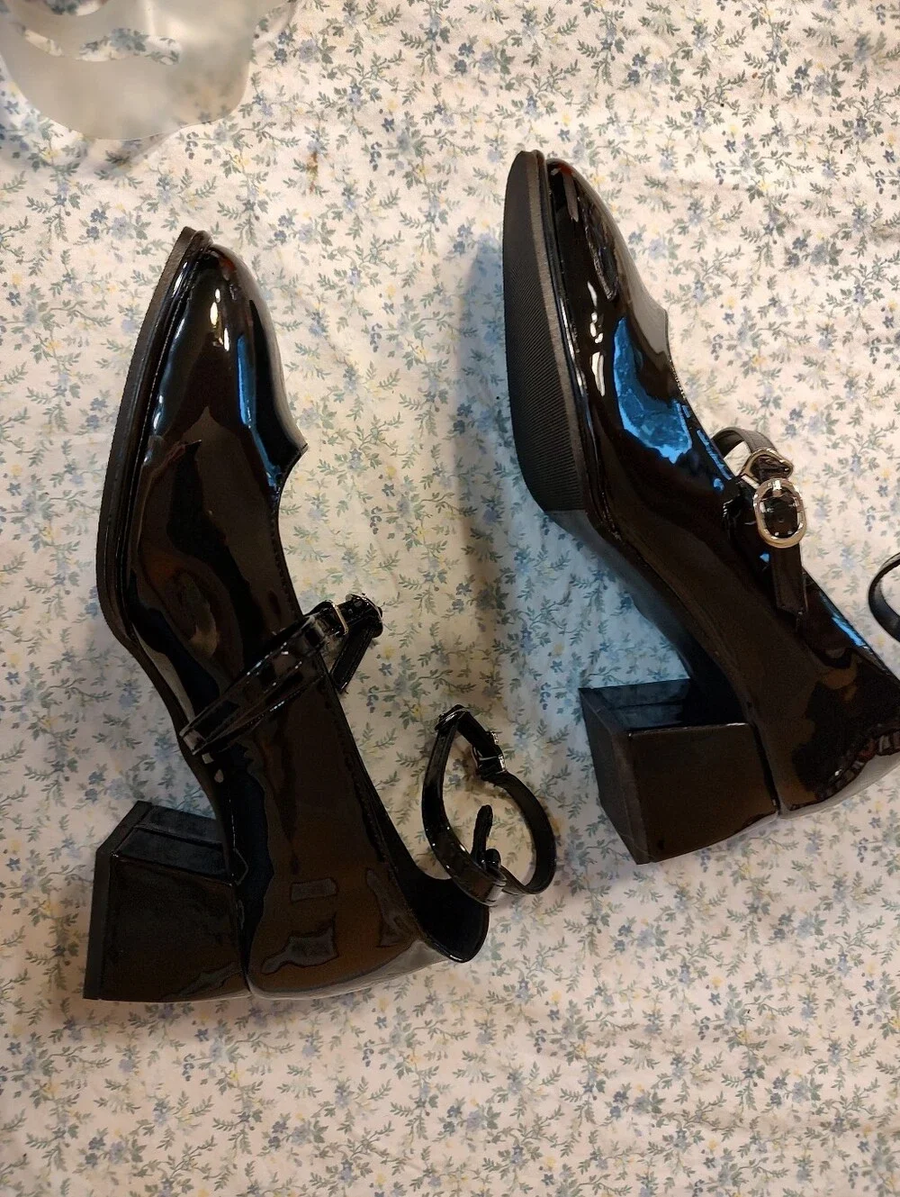 Newbella Women's Black Vegan Patent Leather Mary Jane Ankle Strap Heels 6